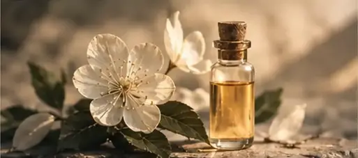 Amber bottle beside white blossoms in warm botanical light